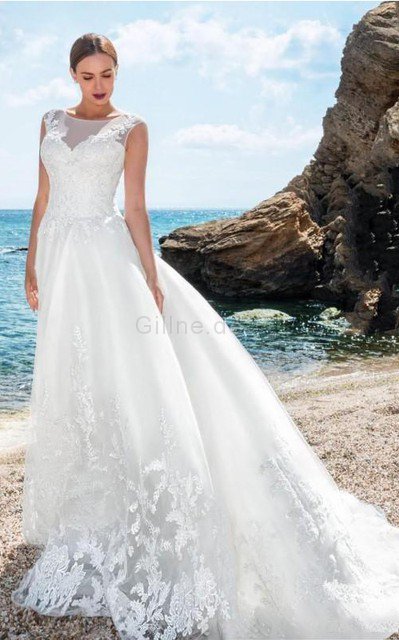 Strand A-Line Reißverschluss Brautkleid mit Bordüre mit Knöpfen