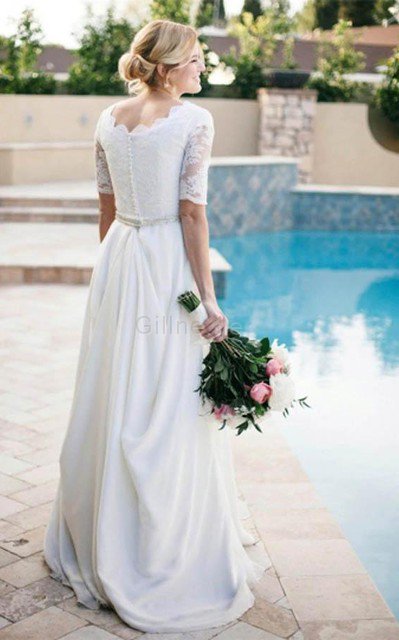 Chiffon A Linie Vintage Konservatives Brautkleid mit Perlen