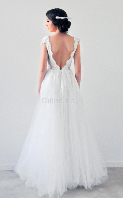 Kurze Ärmeln A-Line Tiefer V-Ausschnitt Romantisches Brautkleid mit Empire Taille