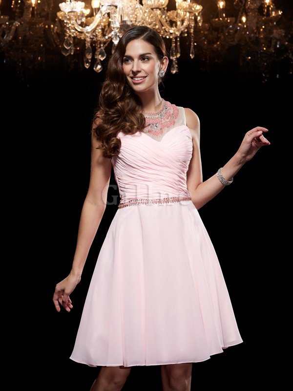 Perlenbesetztes Schaufel-Ausschnitt Prinzessin Chiffon Abschlusskleid ohne Ärmeln