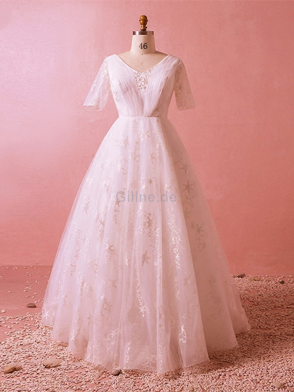 Spitze Ehrenvoll Prinzessin Konservatives Brautkleid mit V-Ausschnitt