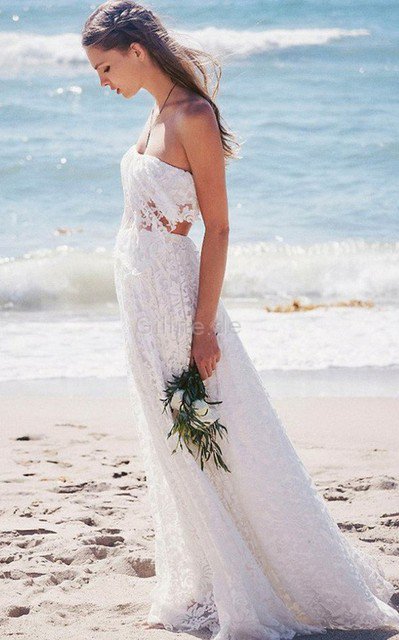 Ärmelloses Trägerlos Zweistück Bescheidenes Brautkleid mit Reißverschluss