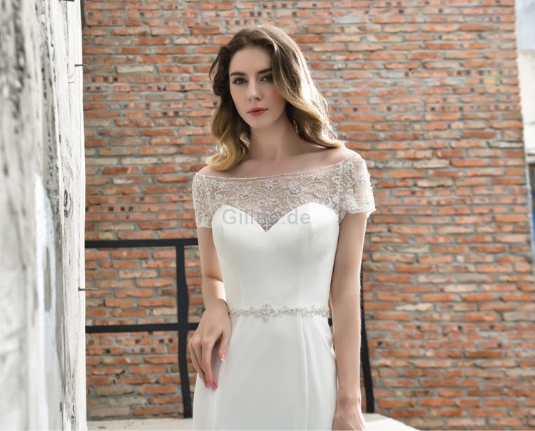 Kurze Ärmeln Herrlich Romantisches Bodenlanges Brautkleid mit Reißverschluss