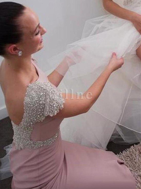 Funkelnd Meerjungfrau Ärmellos Perlenbesetztes Brautjungfernkleid aus Satin