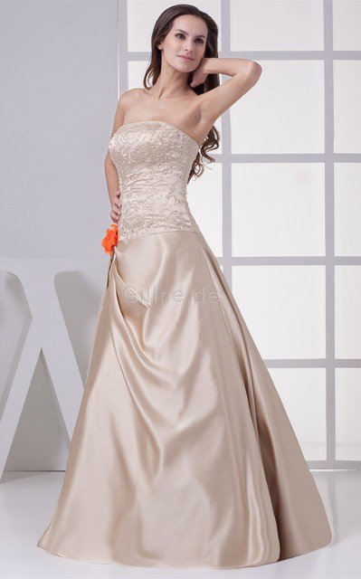 A-Linie Perlenbesetztes Drapiertes Abendkleid mit Blume ohne Ärmeln