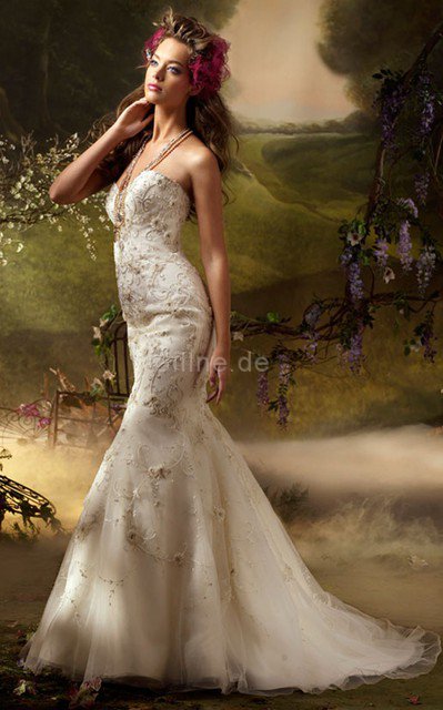 Meerjungfrau Stil Ärmellos Perlenbesetztes Brautkleid mit natürlicher Taille mit Blume