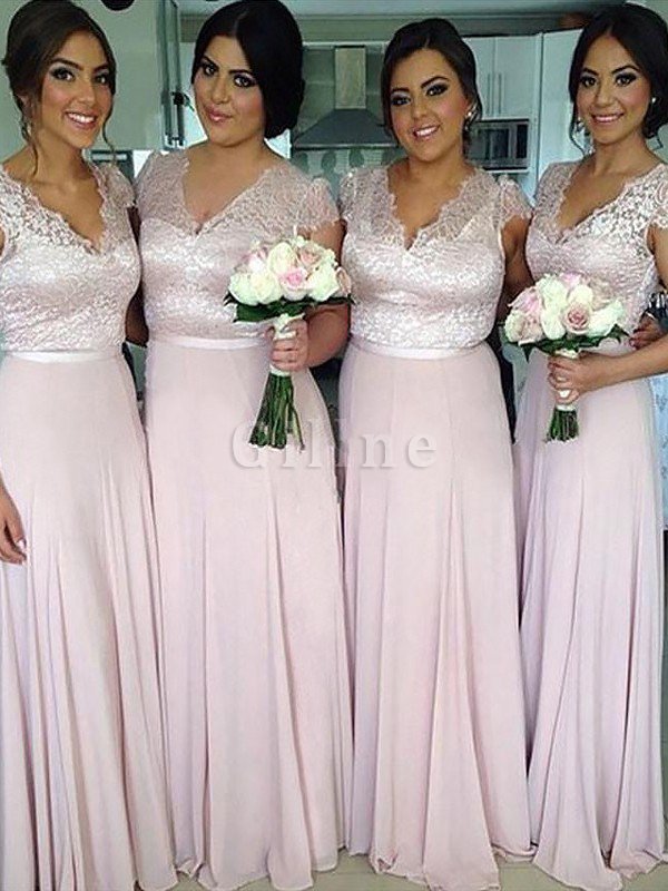 Kurze Ärmeln V-Ausschnitt Normale Taille A-Linie Brautjungfernkleid aus Chiffon