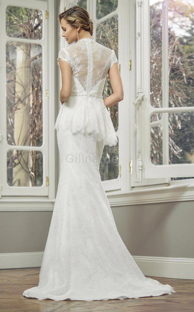 Juwel Ausschnitt Extravagantes Konservatives Brautkleid mit natürlicher Taille mit Bordüre