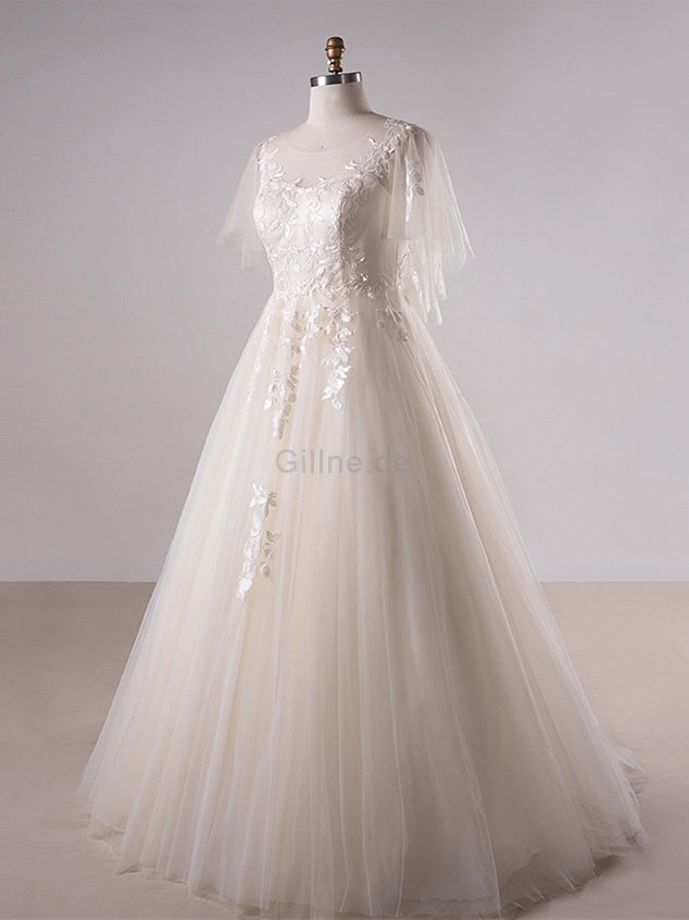 Glamourös Schaufel-Ausschnitt Bodenlanges Brautkleid mit Kurzen Ärmeln aus Tüll