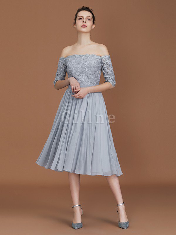 Schulterfreier Ausschnitt Blendend A-Line Kurze Ärmeln Brautjungfernkleid aus Chiffon