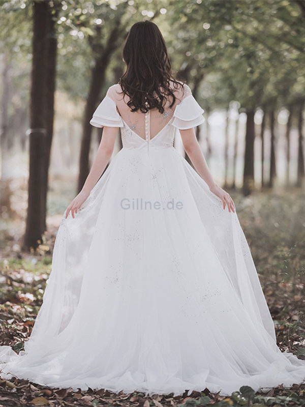 Halle Schön Bodenlanges Schick Brautkleid mit Kurzen Ärmeln